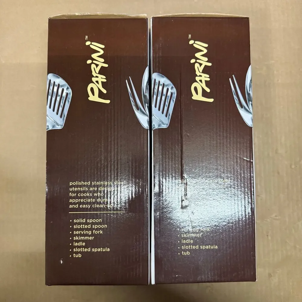LOT OF 2 - PARINI UTENSIL SET OF 7 STAINLESS STEEL NIB SPOON FORK SPATULA LADLE